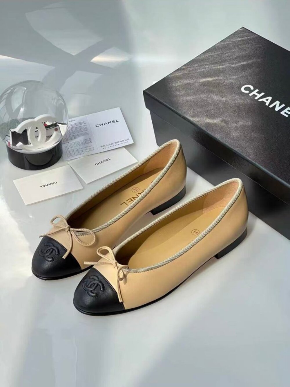 Chanel Beige & Black Cap‑Toe Leather Ballet Flat Shoes